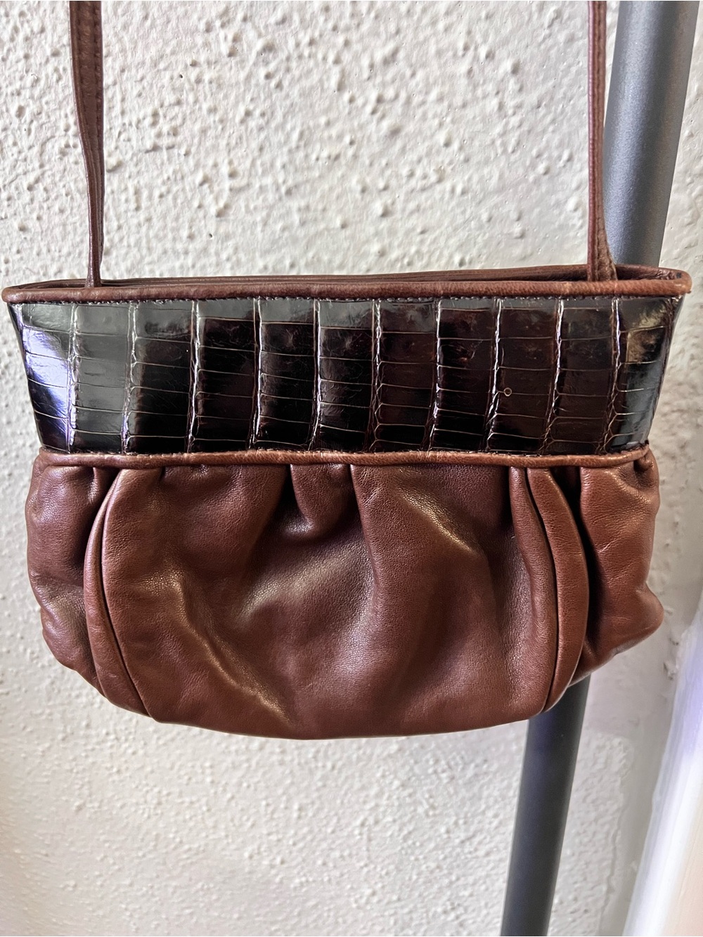 Classic Brown Shoulder Bag with Croc-Trim